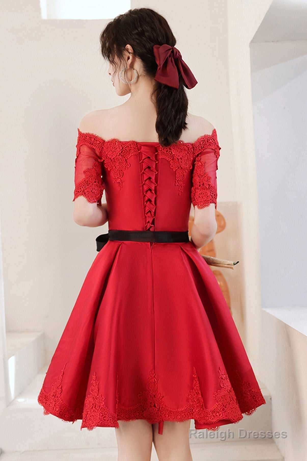 Red Satin Lace Short Prom Dress A-Line Prom Dress