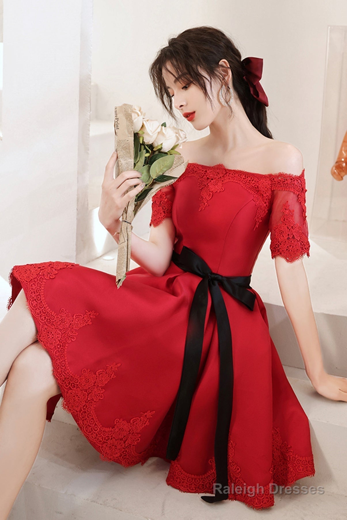Red Satin Lace Short Prom Dresses, A-Line Evening Party Dresses Main image