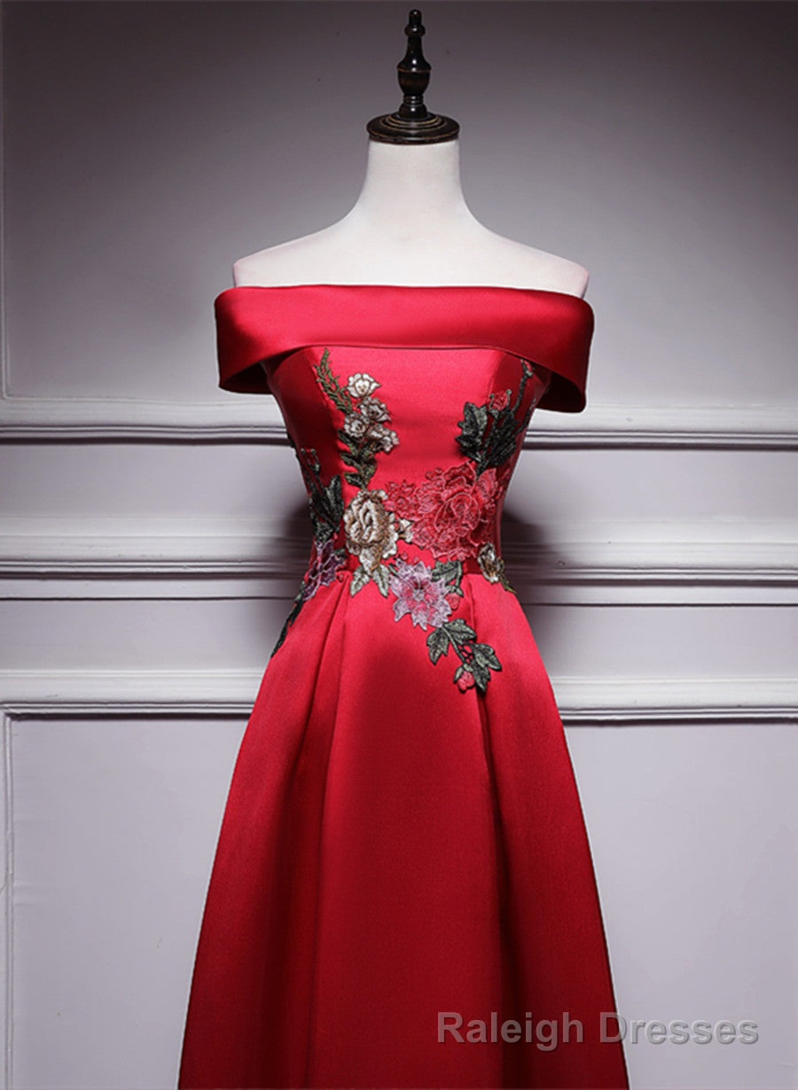 Red Satin Long A Line Prom Dress Off Shoulder Prom Dress, Red Bridesma