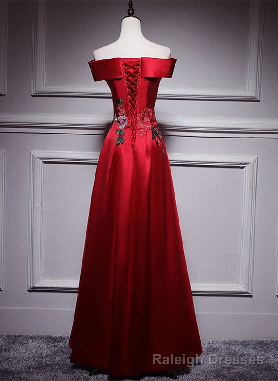 Red Satin Long A Line Prom Dress Off Shoulder Prom Dress, Red Bridesma
