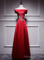Red Satin Long A Line Prom Dress Off Shoulder Prom Dress, Red Bridesmaid Dress