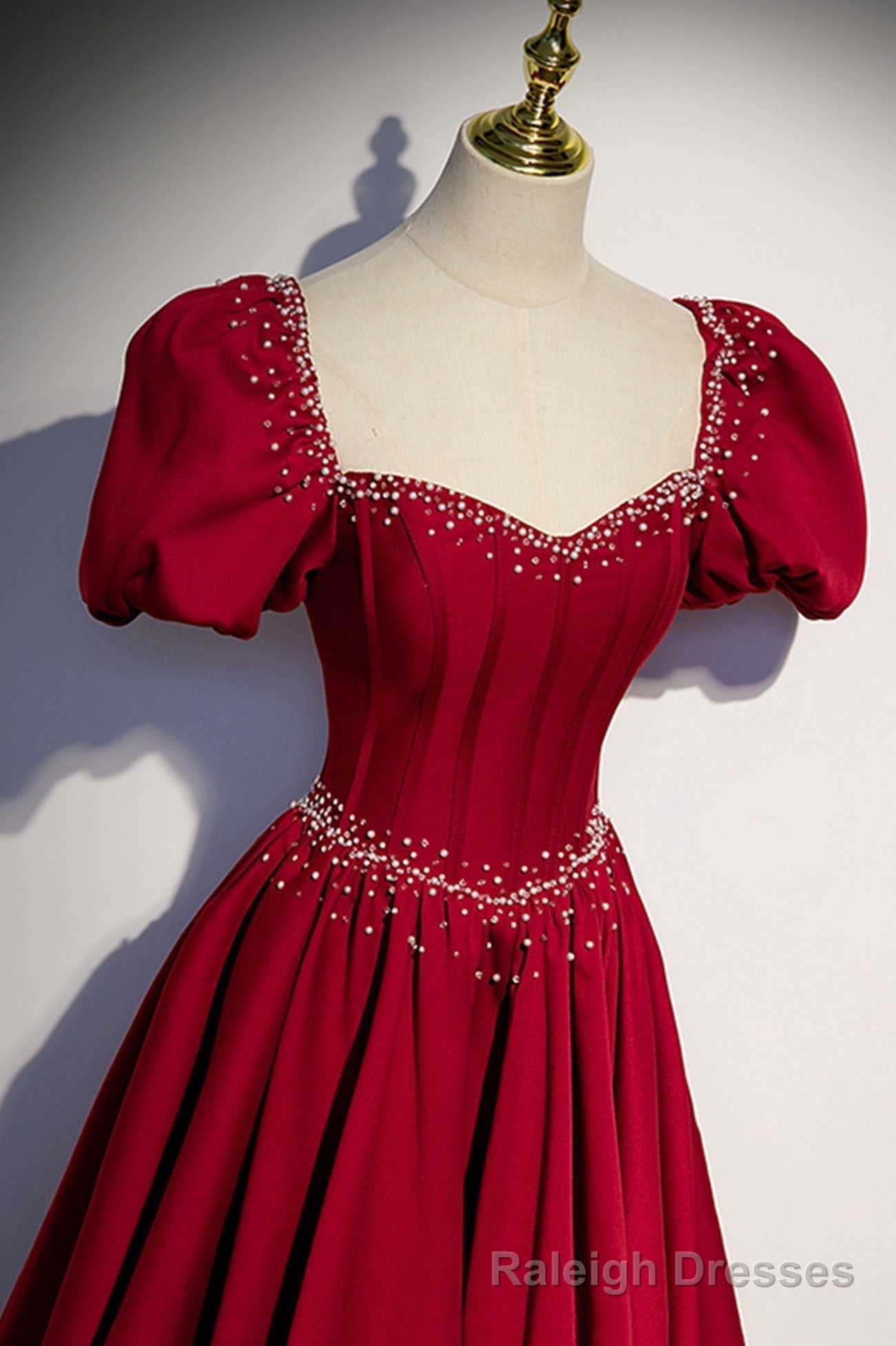 Red Satin Long Prom Dress, Cute Short Sleeve Prom Graduation Dress Secondary image