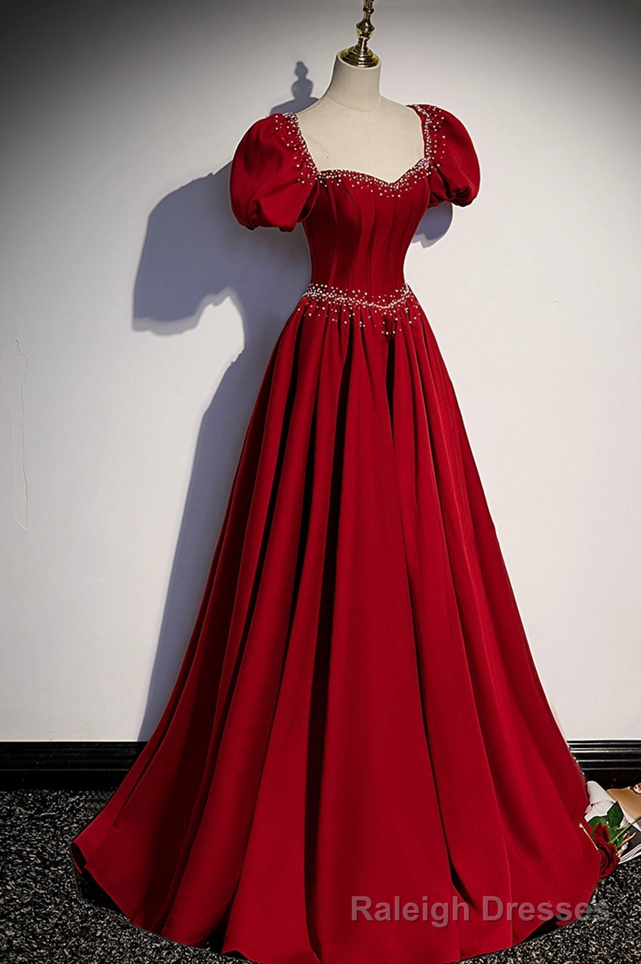 Red Satin Long Prom Dress, Cute Short Sleeve Prom Graduation Dress Main image