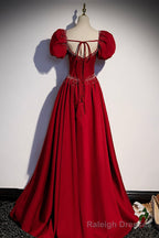 Red Satin Long Prom Dress, Cute Short Sleeve Prom Graduation Dress