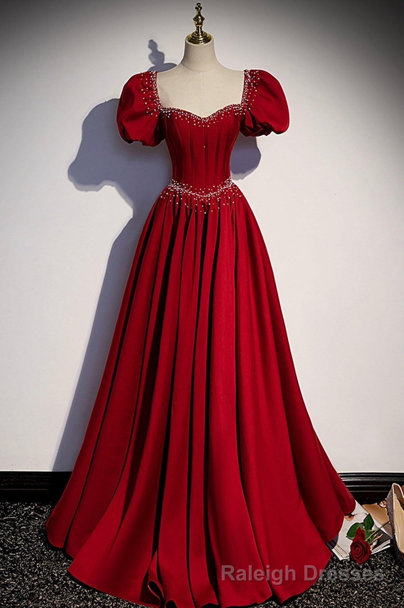 Red Satin Long Prom Dress, Cute Short Sleeve Evening Graduation Dress