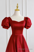 Red Satin Long Prom Dress, Simple A Line Short Sleeve Prom Prom Dress