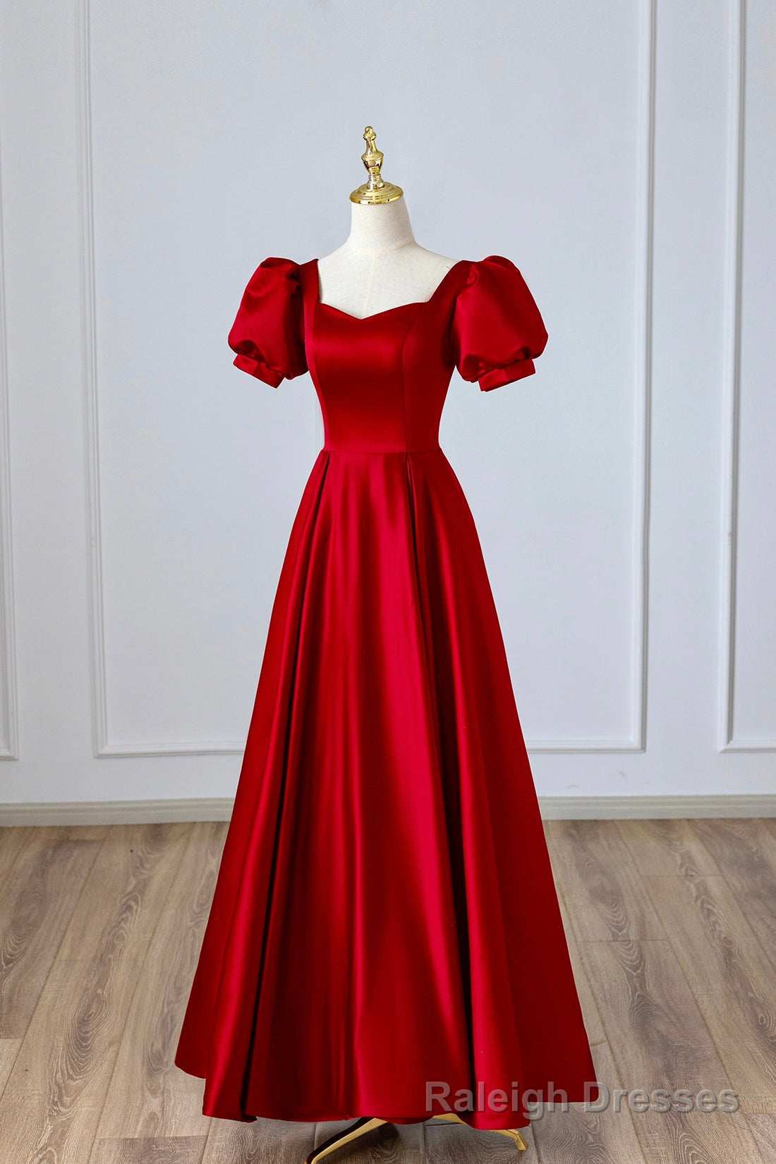 Red Satin Long Prom Dress, Simple A Line Short Sleeve Prom Prom Dress