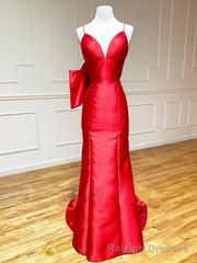 Red Satin Mermaid V Neck Long Prom Dress With Bow Tie