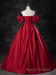 Red Satin Off Shoulder Long Simple A-Line Wedding Party Dress, Red Long Evening Dress