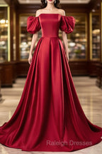 Red Satin Off Shoulder Long Simple A-Line Wedding Party Dress, Red Long Evening Dress