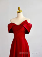 Red Satin Off Shoulder Sweetheart Long Party Dress, Red Satin Prom Dress