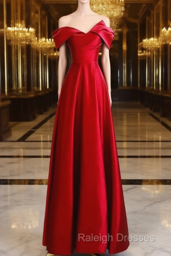 Red Satin Off Shoulder Sweetheart Long Party Dress, Red Satin Prom Dress Main image