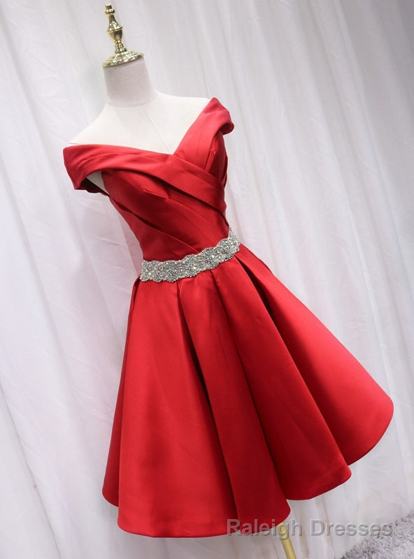 Red Satin Off the Shoulder Beading Homecoming Dress Main image