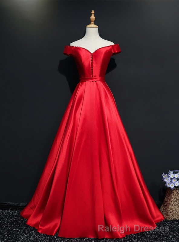 Red Satin Off the Shoulder Beading Prom Dress Main image