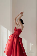 Red Satin Short A-Line Prom Dress, Red Strapless Homecoming Party Dress