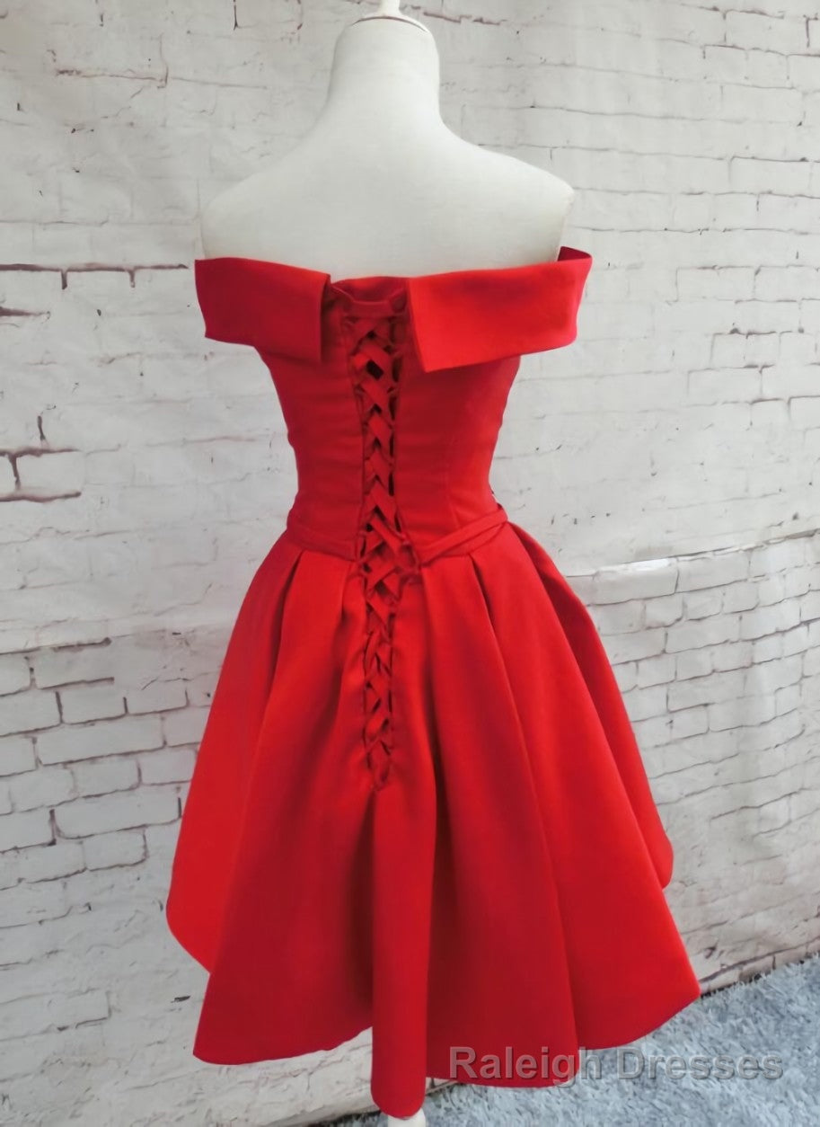 Red Satin Short Party Dress, Red Off Shoulder Homecoming Dress Secondary image