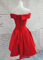Red Satin Short Party Dress, Red Off Shoulder Homecoming Dress