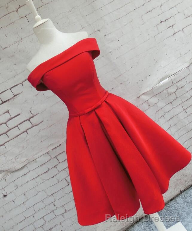 Red Satin Short Party Dress, Red Off Shoulder Homecoming Dress Main image