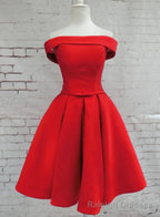 Red Satin Short Party Dress, Red Off Shoulder Homecoming Dress
