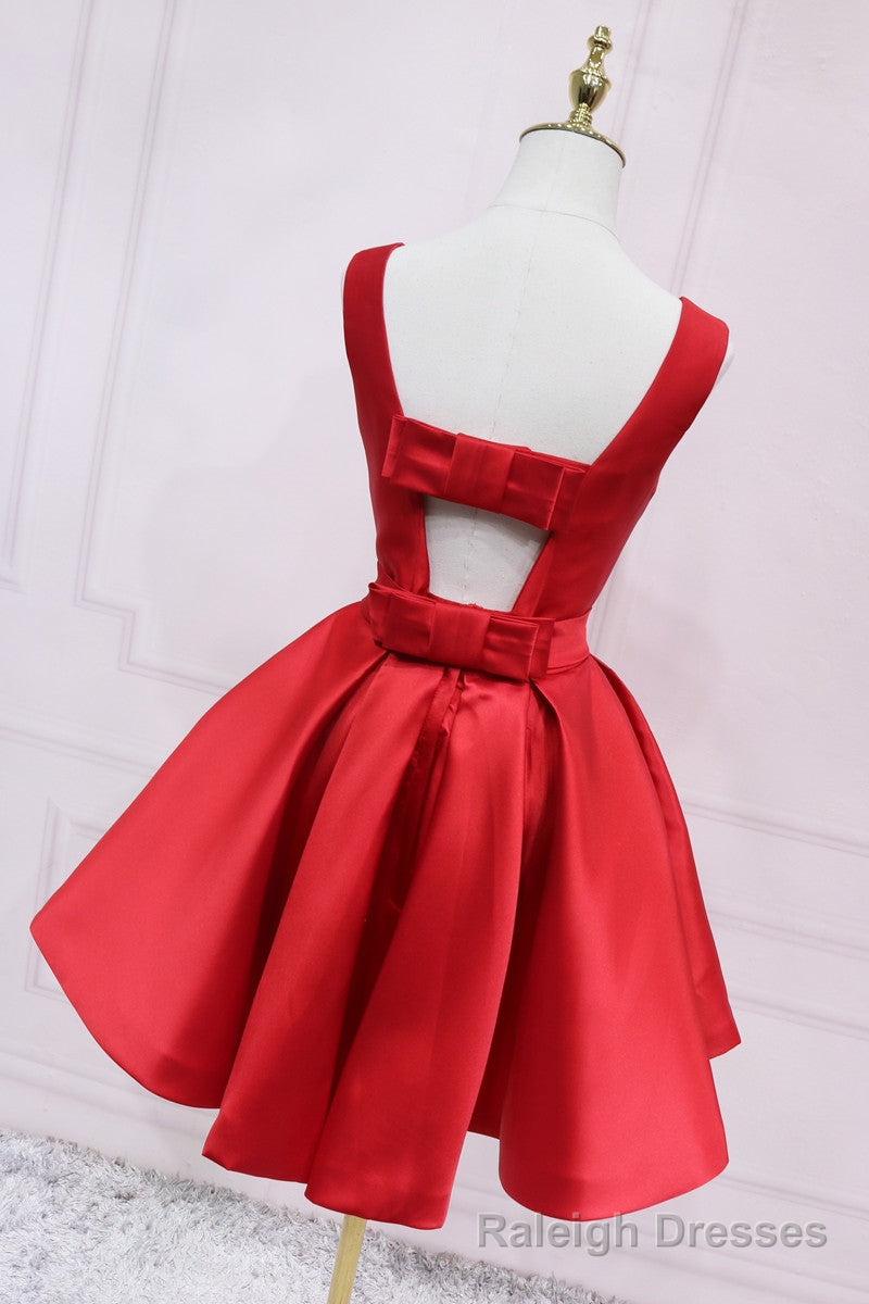 Red Satin Short Simple Backless Prom Dress, Red Homecoming Dress Secondary image