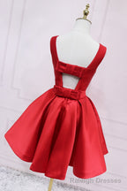 Red Satin Short Simple Backless Prom Dress, Red Homecoming Dress