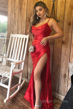 Red Satin Spaghetti Straps Prom Dress with Ruffles