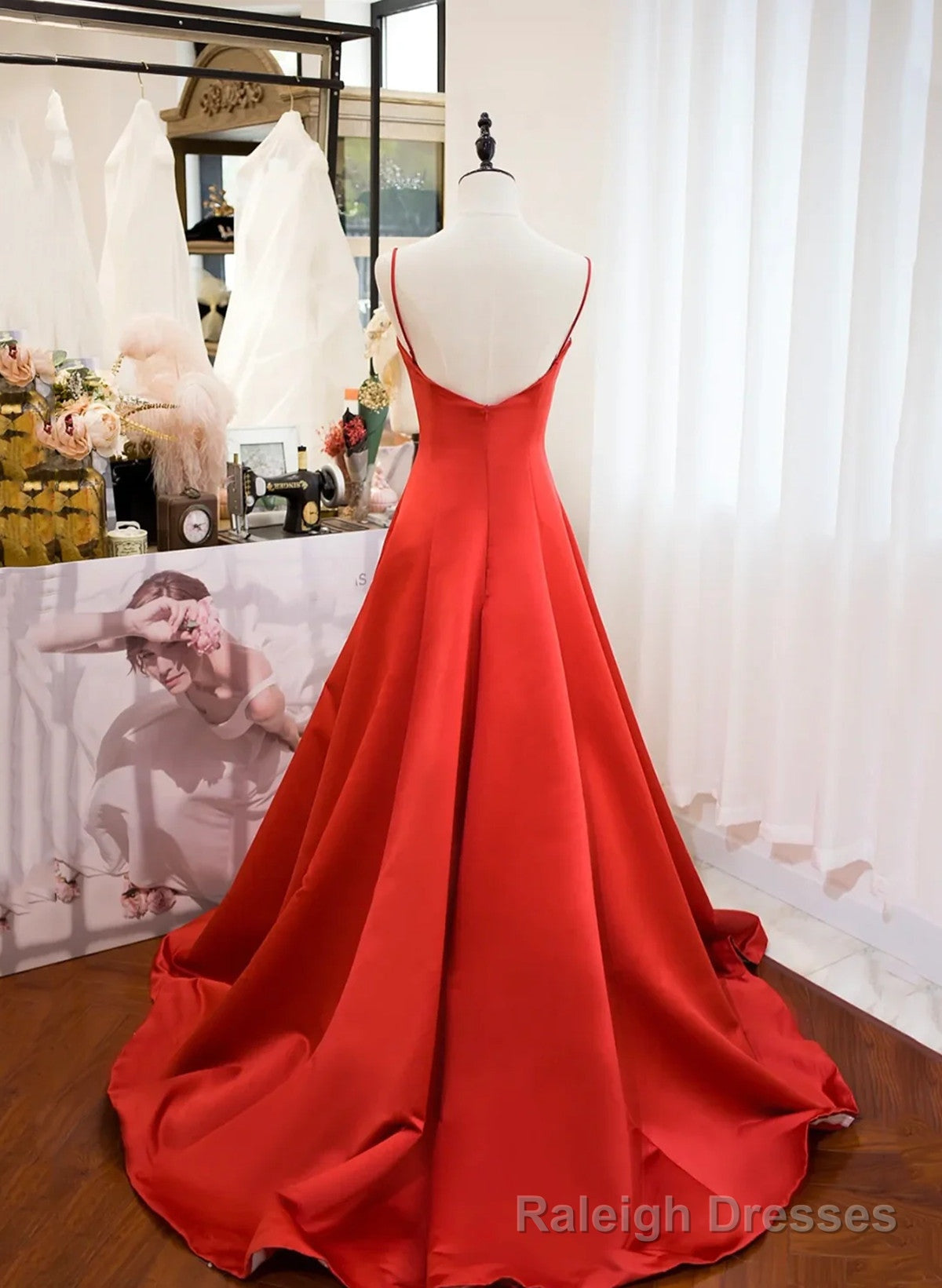 Red Satin Sweetheart Long Formal Dress, Red Satin Straps Prom Dress Secondary image
