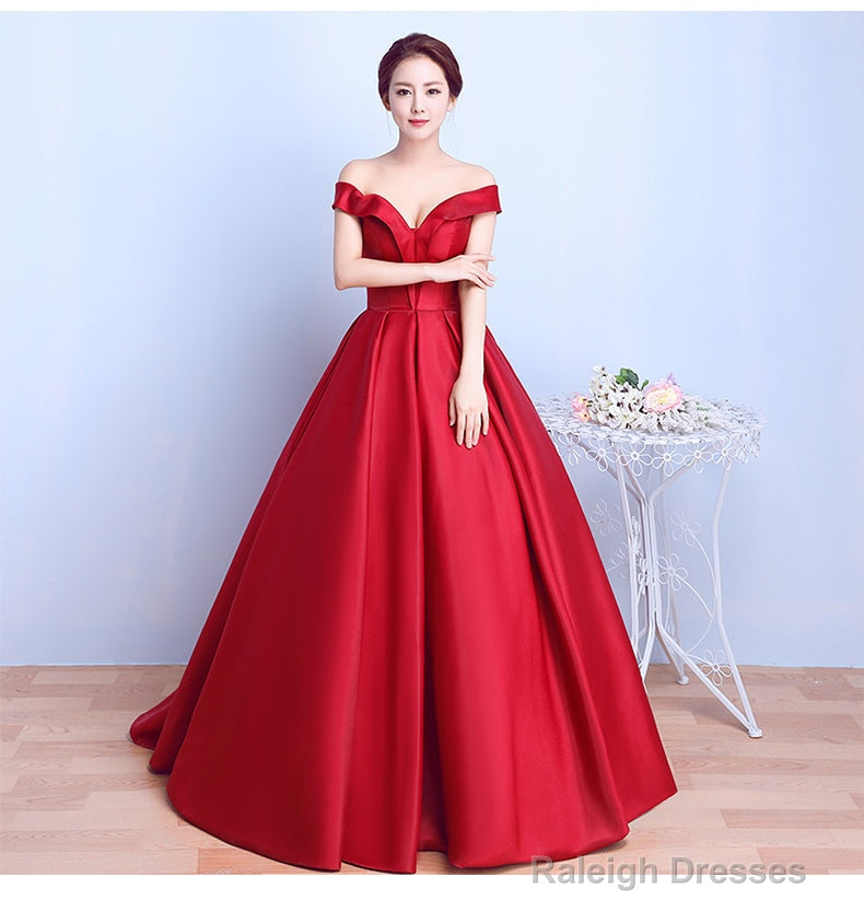 Red Satin Sweetheart Off Shoulder Long Formal Dress Evening Gown, Red Long Ball Gown Party Dress