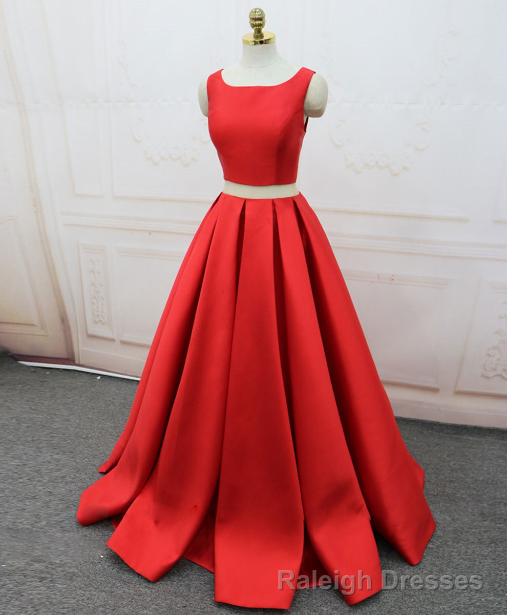 Red Satin Two Pieces Long Prom Dress Red Long Prom Dress