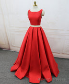 Red Satin Two Pieces Long Prom Dress Red Long Evening Dress
