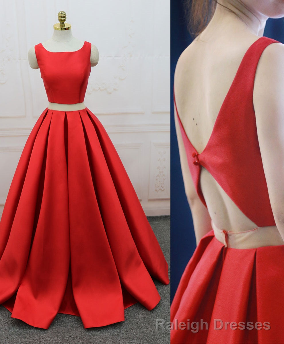 Red Satin Two Pieces Long Prom Dress Red Long Evening Dress Main image