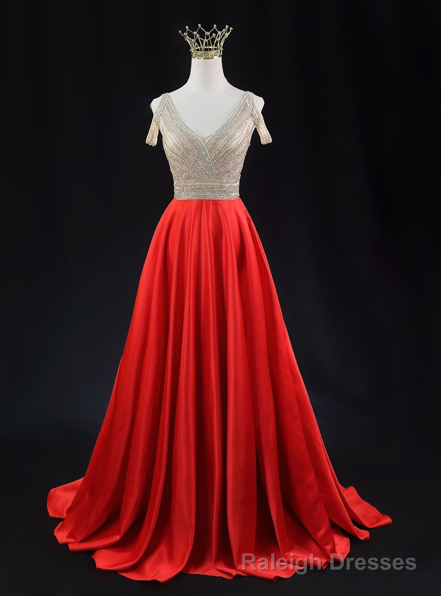 Red Satin V Neck Beading Prom Dress