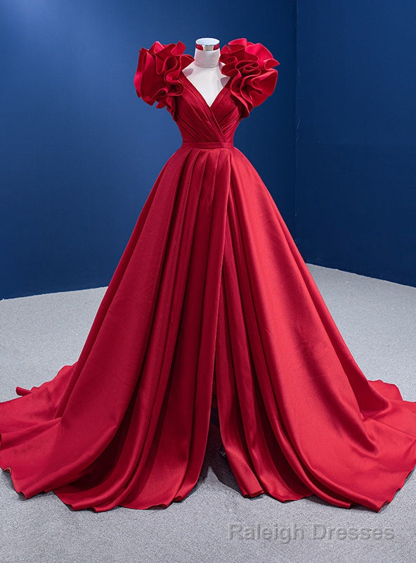 Red Satin V-neck Pleats Prom Dress Main image
