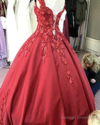Red Satin V-Neck Wedding Dresses Ball Gown With 3D Lace Flowers