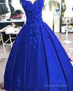 Red Satin V-Neck Wedding Dress Ball Gowns With 3D Lace Flowers