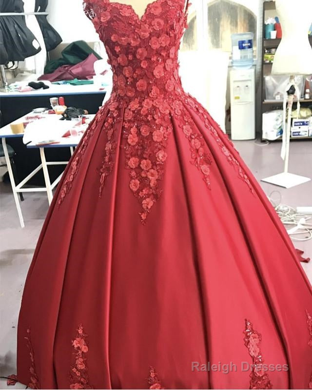 Red Satin V-Neck Wedding Dresses Ball Gown With 3D Lace Flowers Main image