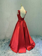 Red Satin V Neckline Floor Length Prom Dress, Backless Red Prom Dress