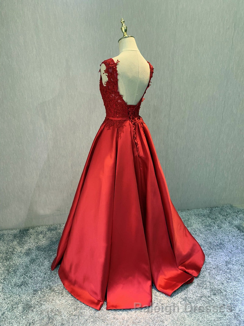 Red Satin V Neckline Floor Length Prom Dress, Backless Red Prom Dress