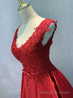 Red Satin V Neckline Floor Length Prom Dress, Backless Red Prom Dress