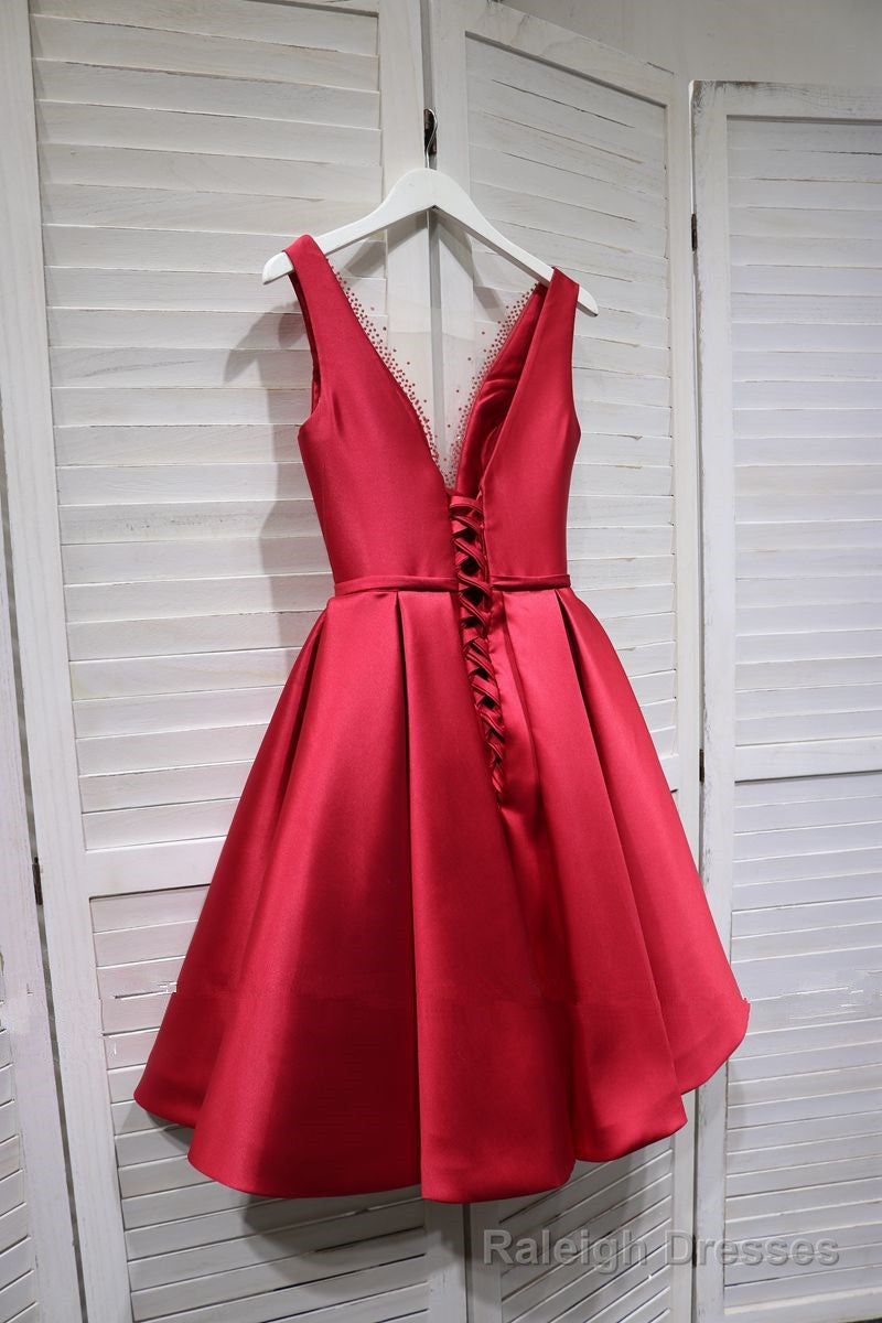 Red Satin V Neckline Knee Length Homecoming Dress, Red Short Prom Dress