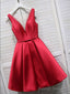 Red Satin V Neckline Knee Length Homecoming Dress, Red Short Prom Dress