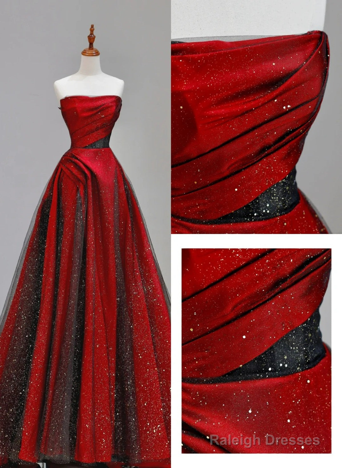 Red Satin With Black Tulle Long Party Dress, Red Satin Prom Dress Evening Dress Main image