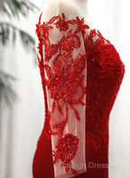 Red Satin With Lace Round Neckline Party Dress, Red Satin Evening Dress