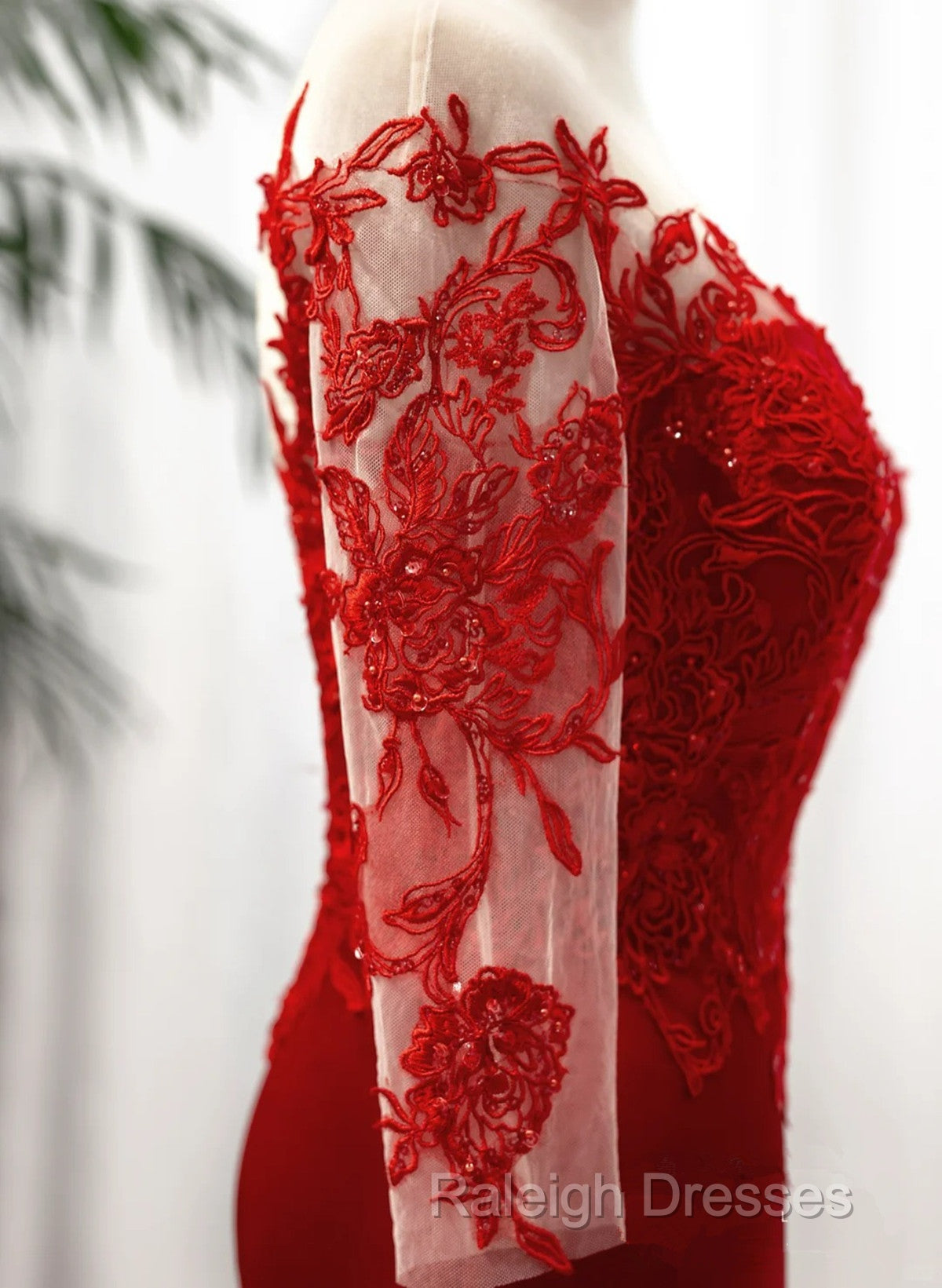 Red Satin With Lace Round Neckline Party Dress, Red Satin Evening Dress