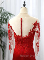 Red Satin With Lace Round Neckline Prom Dresses Red Satin Prom Dresses