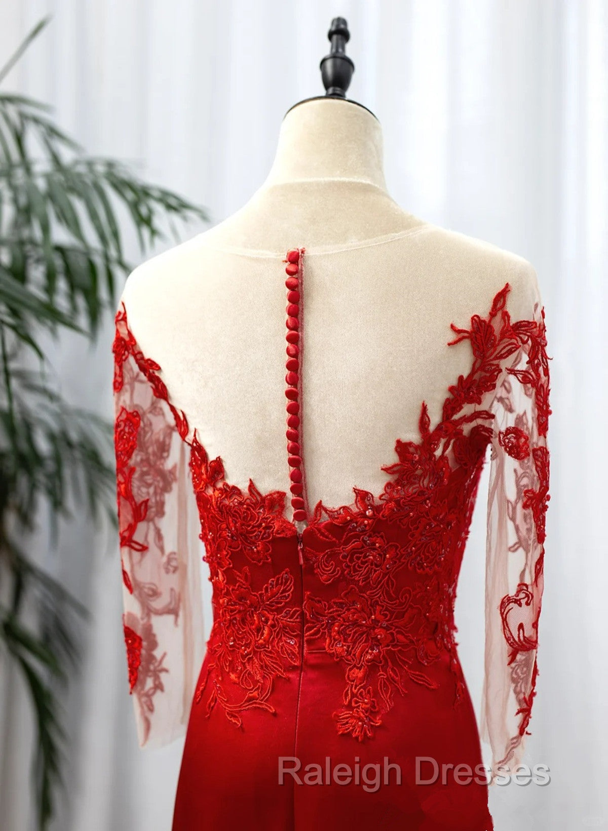 Red Satin With Lace Round Neckline Prom Dresses Red Satin Prom Dresses
