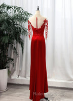 Red Satin With Lace Round Neckline Prom Dresses Red Satin Prom Dresses