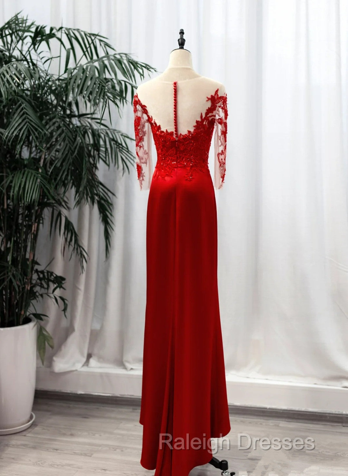 Red Satin With Lace Round Neckline Prom Dresses Red Satin Prom Dresses