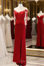 Red Satin With Lace Round Neckline Prom Dresses Red Satin Prom Dresses