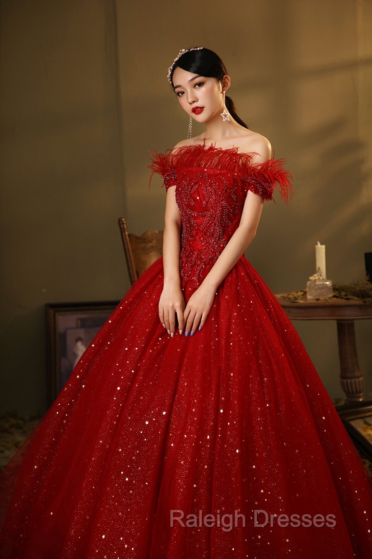 Red Scoop Ball Gown Shiny Tulle Off Shoulder Party Dress, Red Sweet 16 Dress Formal Dress Secondary image